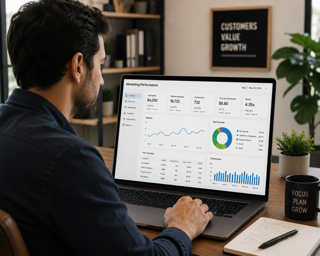 Small business owner working on a laptop and checking online marketing performance.