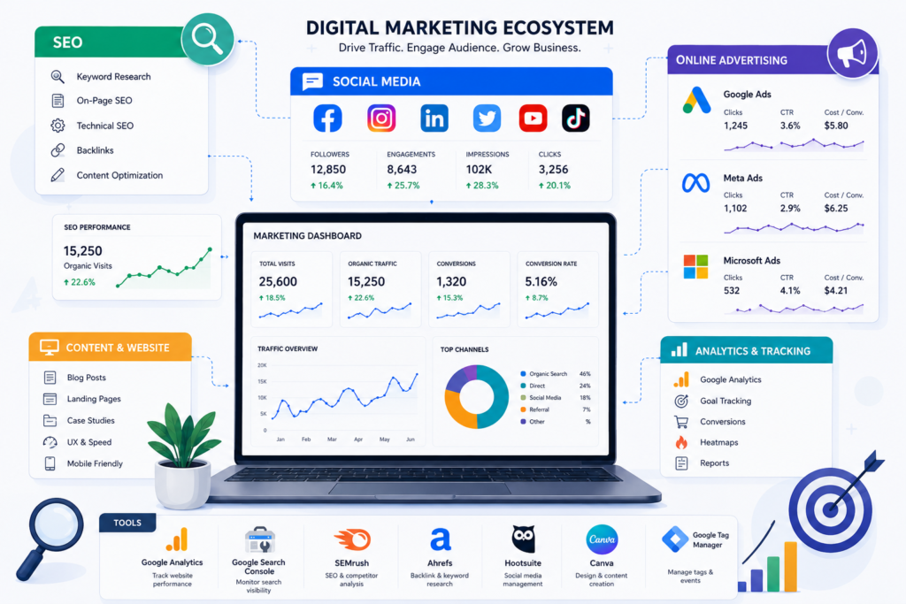 SEO and social media marketing strategy illustration