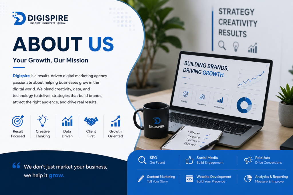 Digispire digital marketing agency About Us banner with business growth, SEO, analytics, and online marketing workspace.